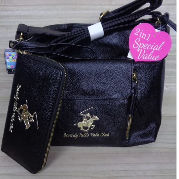Beverly Hills Polo Club BHPC Black‎ Faux Leather Purse & Wallet set - Picture 1 of 15